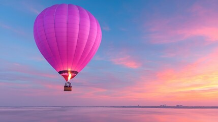 Fototapeta premium Pink hot air balloon sunrise flight over calm waters