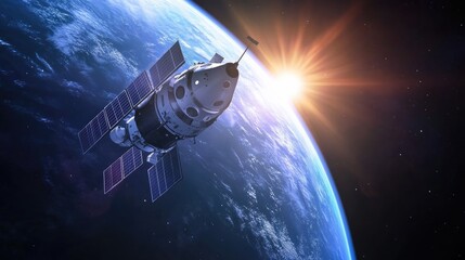 A modern spacecraft in orbit around Earth, illuminated by the sun, showing advanced space technology and futuristic design in a vast, celestial environment