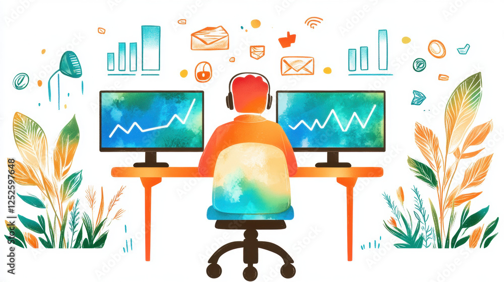 Poster a colorful illustration of a person working at two monitors, surrounded by data charts and nature el