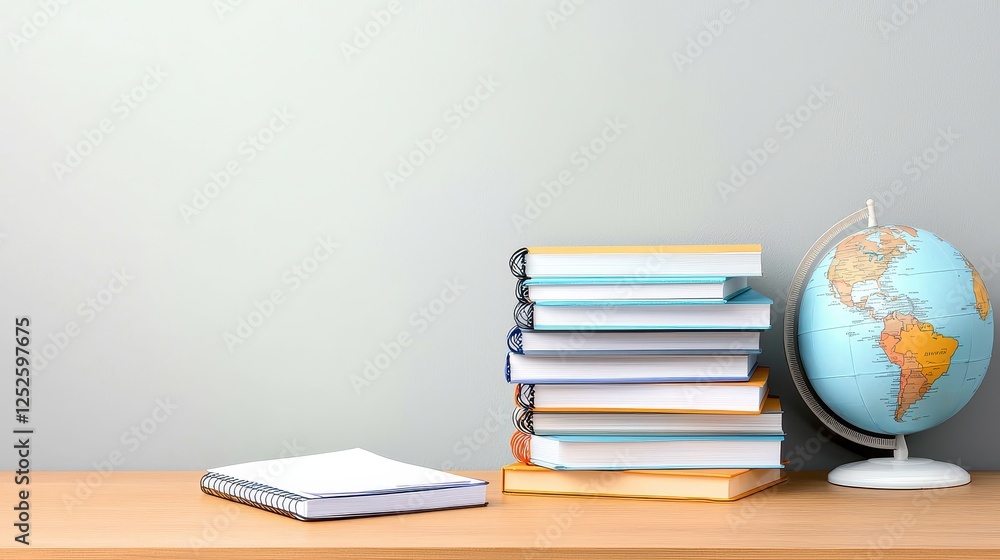 Poster neatly arranged stack of textbooks and notebooks on a wooden desk with a globe beside them.
