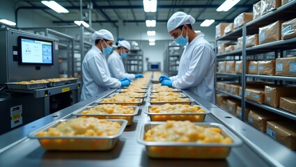 factory workers packaging food products on an assembly line.