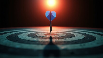 a dart stuck in the center of a dartboard in a spotlight. 