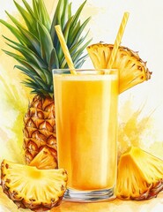 Tropical Pineapple Smoothie Drink, Splash Background, Menu Design