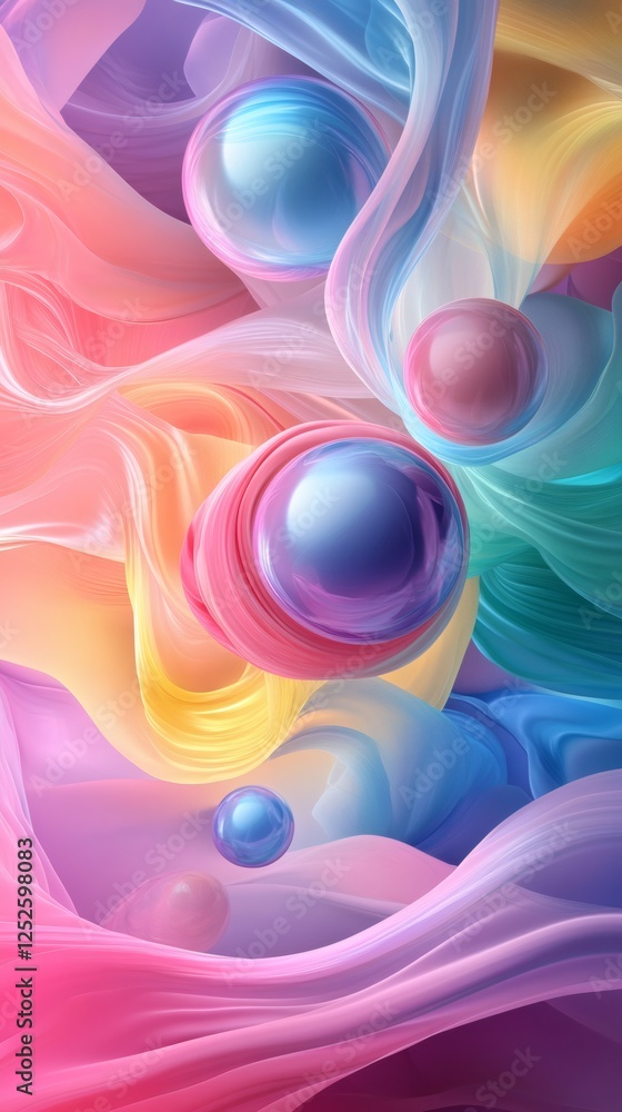 Poster abstract 3d background wallpaper floating orbs and fluid waves of color intersecting in midair the d
