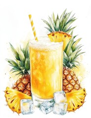 Refreshing Pineapple Juice, Tropical Drink, Watercolor Illustration