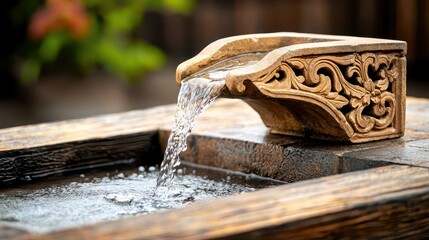 Sculpted stone fountain with intricate carvings, water spilling into a basin, weathered patina