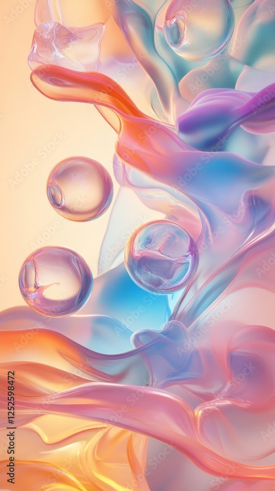 Poster abstract 3d background wallpaper floating orbs and fluid waves of color intersecting in midair the d