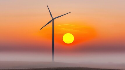 Obraz premium Sun rising over a wind turbine field, soft colors blending with the sky, symbol of sustainability
