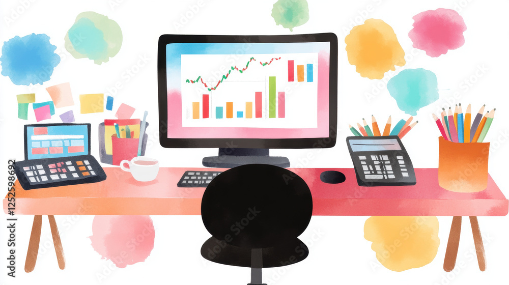 Poster colorful workspace featuring a computer with graphs, tablets, and stationery, ideal for productivity