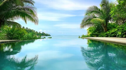 Fototapeta premium Tropical resort pool surrounded by lush greenery, palm trees reflected in the calm water