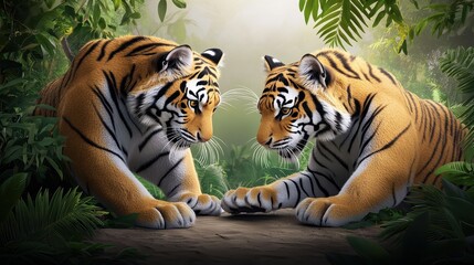 Two tigers interacting in their natural habitat, surrounded by dense foliage and a serene forest floor.