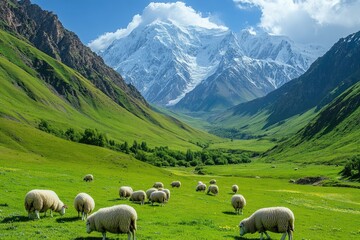 Fototapeta premium Grazing sheep in lush mountain valley landscape