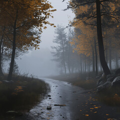 Fototapeta premium A high-speed chase through a foggy forest trail, depicting intensity and motion in an adventurous setting.