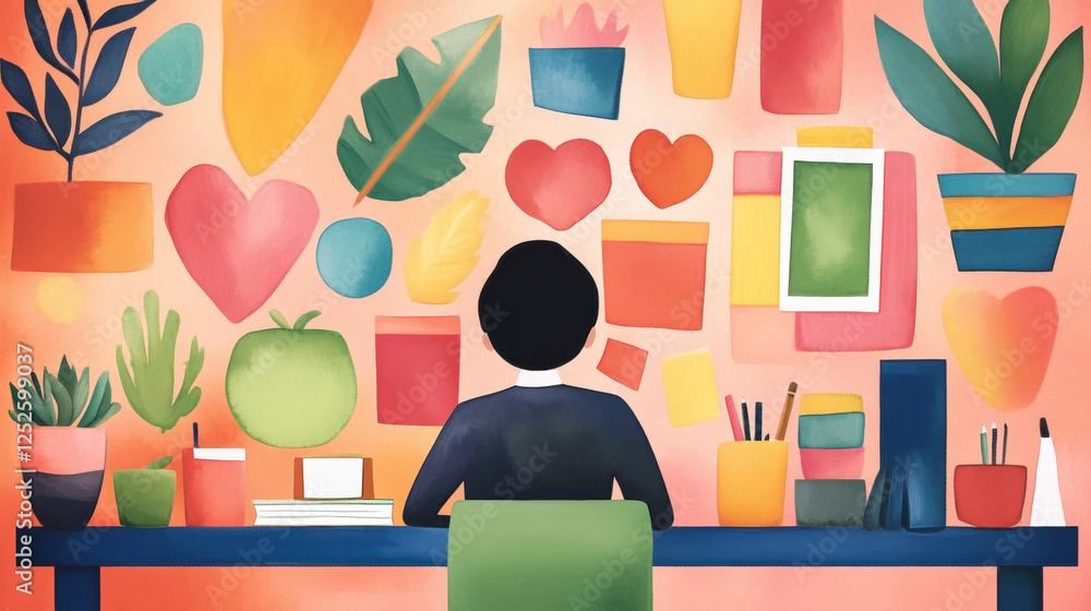 Poster a person sits at a desk facing a colorful wall adorned with plants and abstract shapes, creating an 