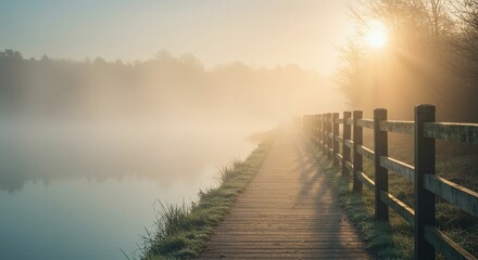 Footpath with a wooden fence by the misty lake. Early morning view with sun shinning through the fog.


