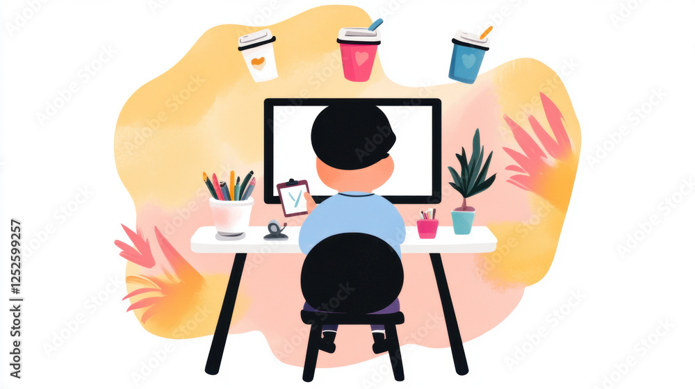 Poster a person sitting at a desk working on a computer surrounded by plants and coffee cups in a colorful 