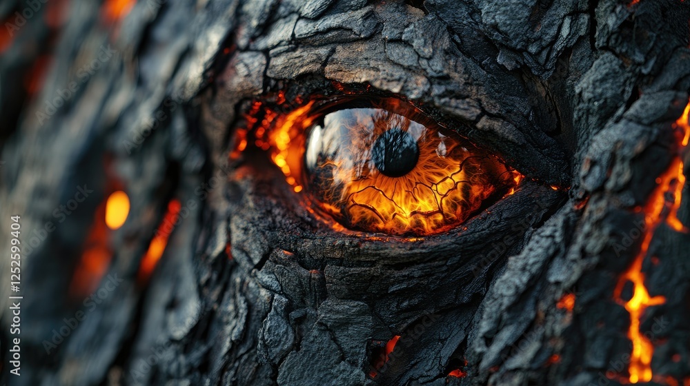 Poster a powerful close-up of tree bark with an eye reflecting the intensity of a forest fire, capturing th