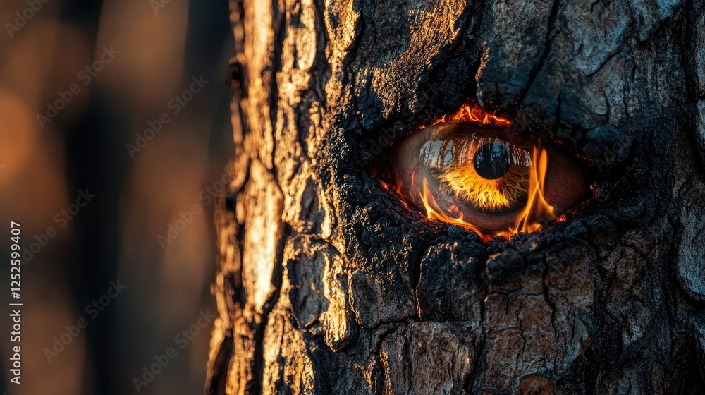 Aufkleber a powerful close-up of tree bark with an eye reflecting the intensity of a forest fire, capturing th