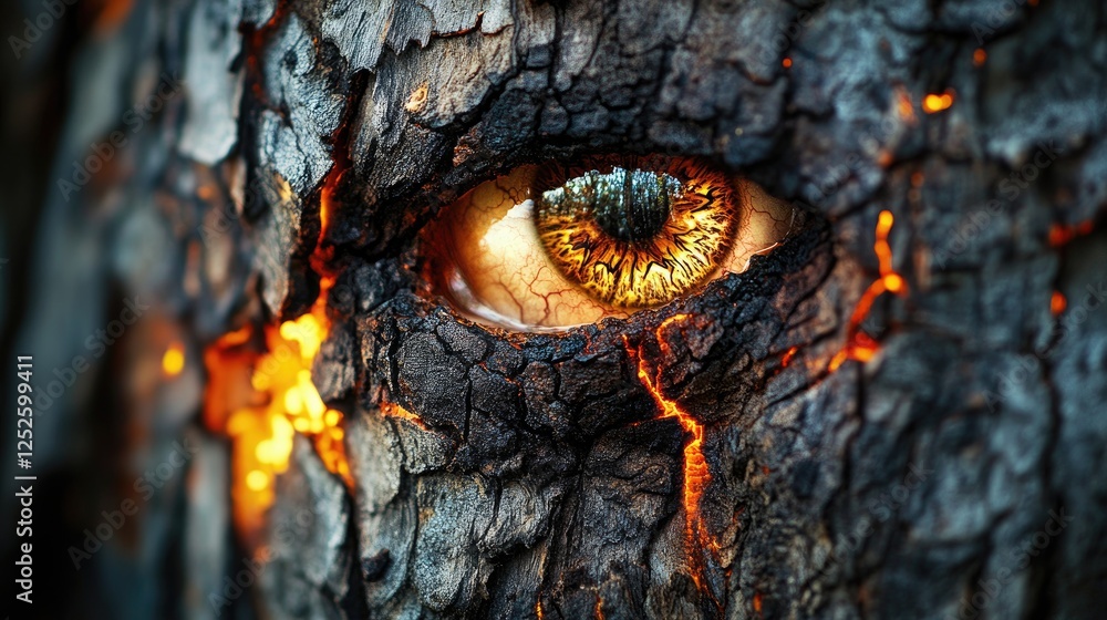 Poster a powerful close-up of tree bark with an eye reflecting the intensity of a forest fire, capturing th