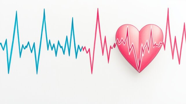 A stylized heart shape is centered amidst blue and pink heartbeat lines, symbolizing health and vitality.