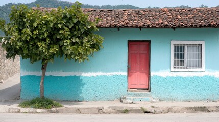 Vibrant turquoise and red house, leafy tree, rural village, possible travel or lifestyle image