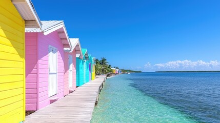 Fototapeta premium Colorful beach huts on wooden boardwalk, Caribbean, vacation