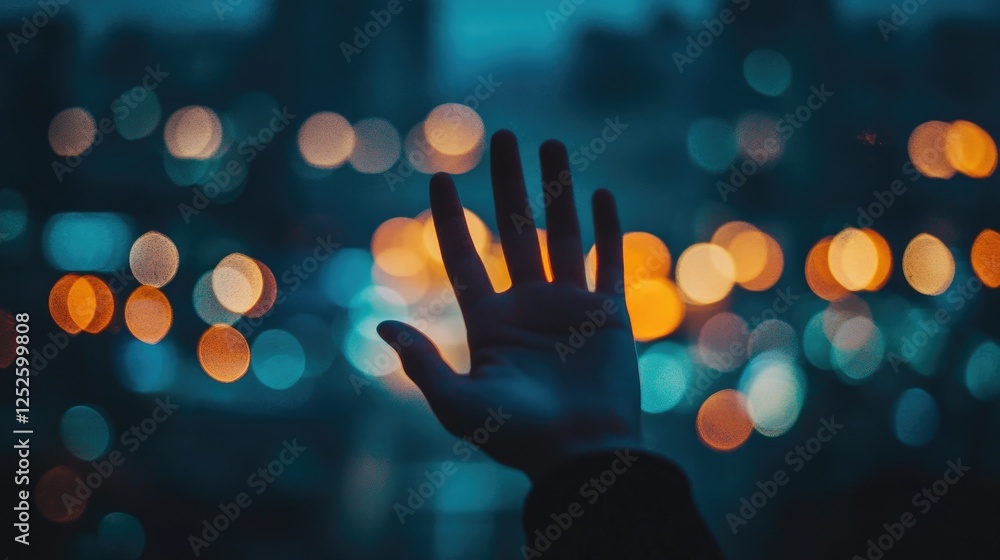 Poster a raised hand in front of a gentle bokeh backdrop, symbolizing connection, tranquility, and serenity