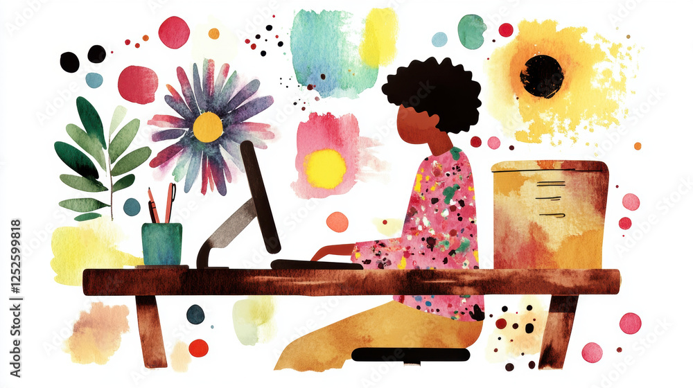 Poster a person at a desk working on a computer, surrounded by colorful flowers and abstract shapes in a vi