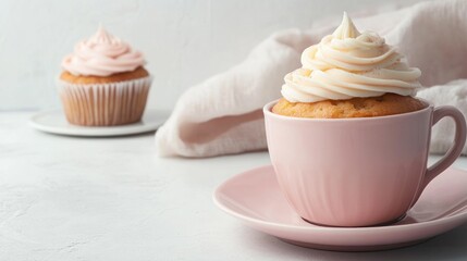 Pink cupcake in teacup, another cupcake blurred background, light table
