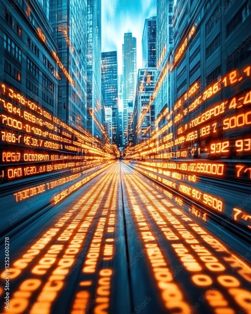 Poster Dynamic Urban Skyline with Flowing Digital Code Representing Technology and Innovation in a Modern Cityscape