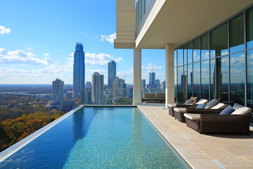 Fototapeta premium Elegant high-rise apartments with a glistening cityscape view, offering urban luxury living.