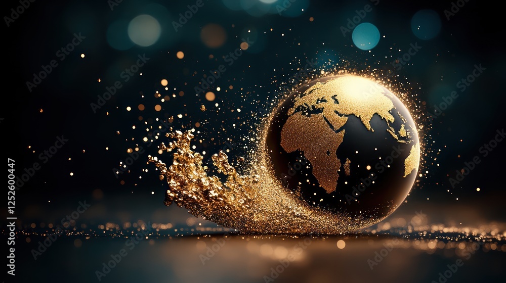 Poster Abstract representation of a globe with sparkling gold effects, symbolizing global connection and prosperity
