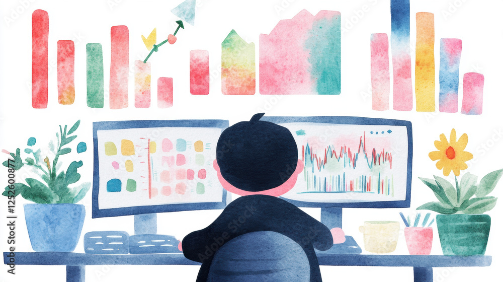 Aufkleber a person analyzes data on dual monitors surrounded by plants and colorful graphs in a creative works