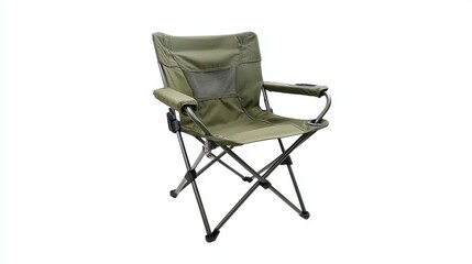 a survivalist camping chair, multi-tool integrated seat, rugged all-terrain material, olive green, isolated on white background