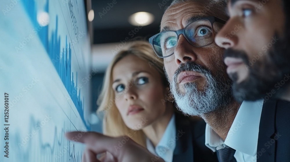 Poster three people are looking at a computer screen with a graph on it