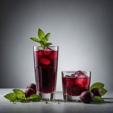 "A refreshing glass of Kokum Sharbat, a traditional summer coolant drink made from Garcinia indica, served in a clear glass on a pure white background. The deep reddish-purple drink is garnished with 