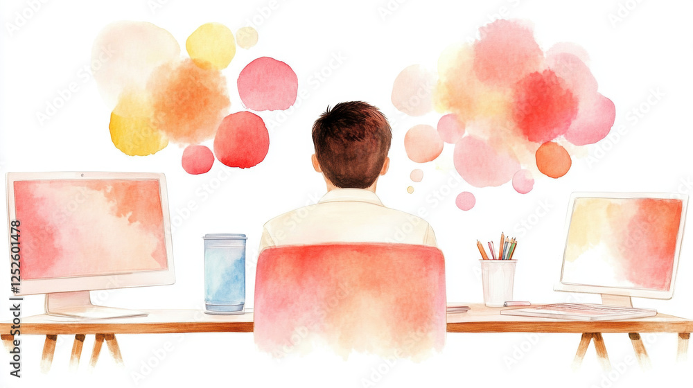 Poster a person sits at a desk with two computers, surrounded by colorful thought bubbles, symbolizing crea