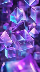 Abstract 3D render of purple blue geometric shapes stacked in layers with sharp edges The composition features floating cubes and triangles illuminated by soft light creating a futuristic design