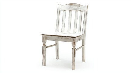 a rustic farmhouse dining chair, handcrafted wooden , distressed white, isolated on white background