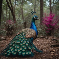 Obraz premium A peacock dancing in a magical forest filled with Holi colors.