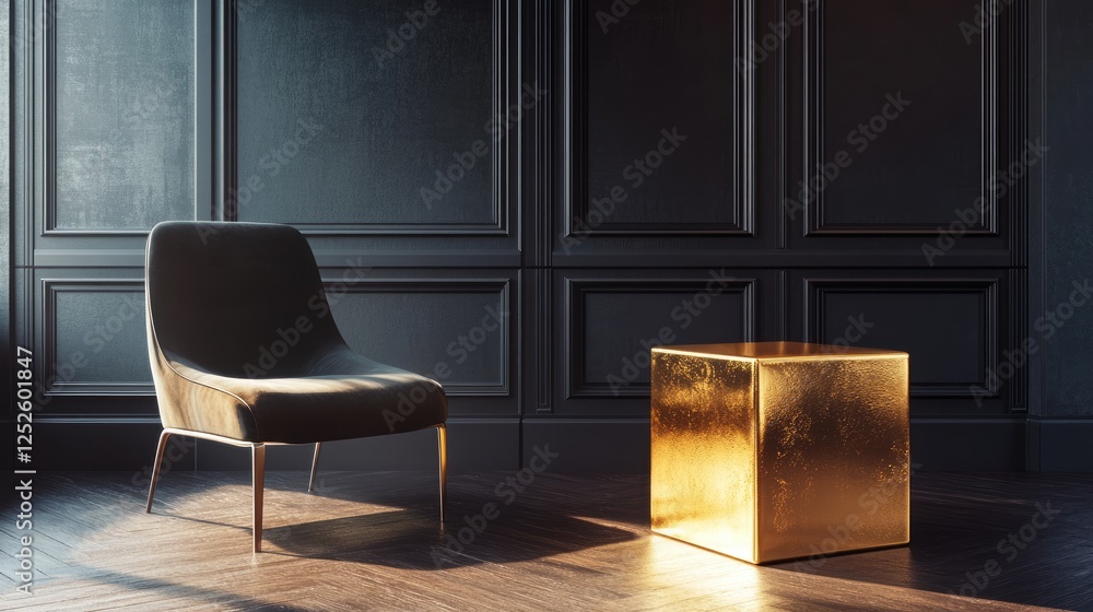 Poster a shiny golden cube on a dark wooden floor in a modern, minimalist room, creating an elegant focal p