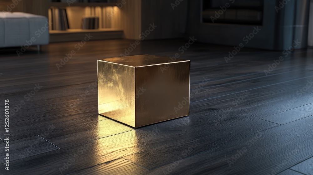 Poster a shiny golden cube on a dark wooden floor in a modern, minimalist room, creating an elegant focal p