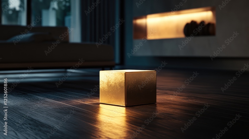 Poster a shiny golden cube on a dark wooden floor in a modern, minimalist room, creating an elegant focal p