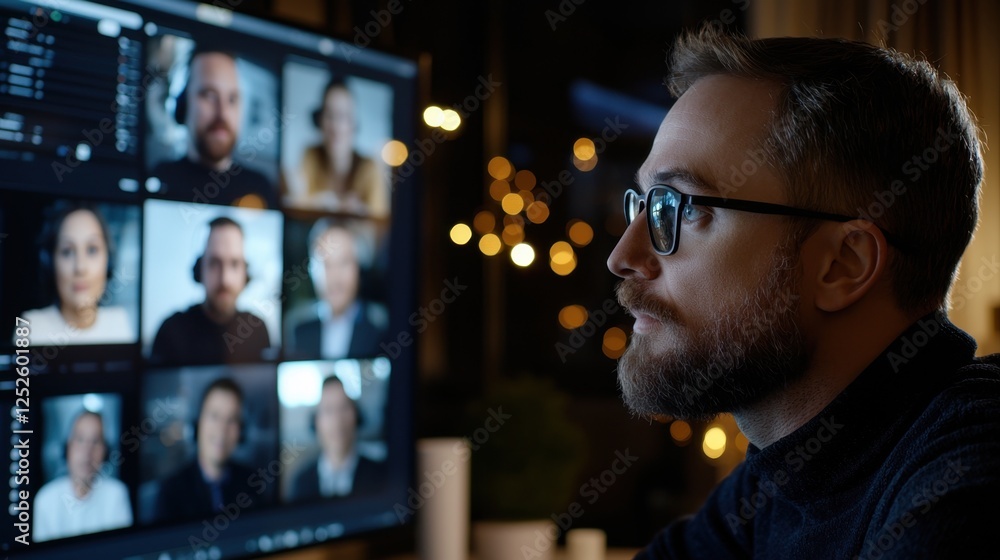 Poster a man is looking at a computer screen with a group of people on it
