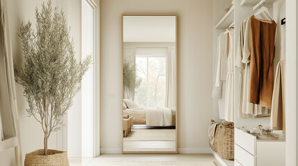 A simple full-length mirror against a light-colored wall, enhancing the room's spacious feel.