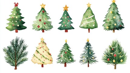 Watercolor Christmas trees; festive decorations; white background; holiday card design