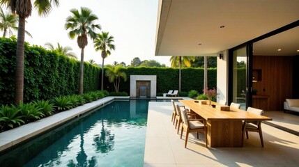 Fototapeta premium Serene Backyard Oasis Featuring a Modern Rectangular Pool and Luxurious Outdoor Dining Area