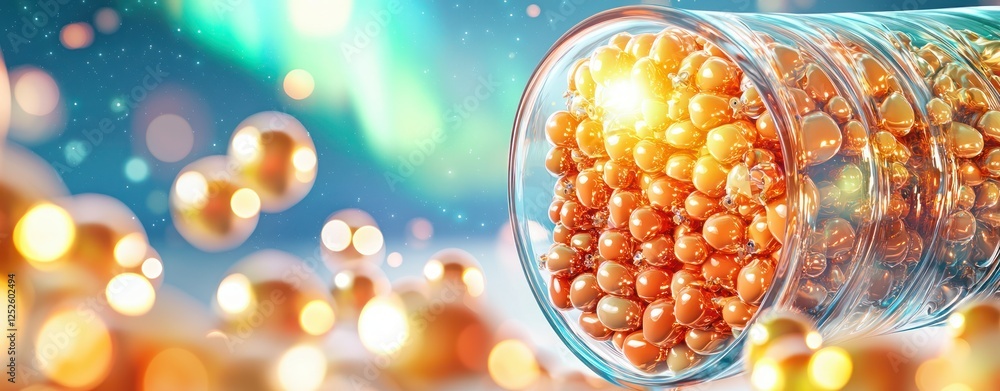 Aufkleber Colorful Orbs Spilling from Glass Container with Glowing Background and Soft Light Effects