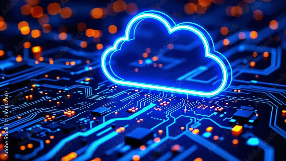 Poster futuristic cloud computing concept with glowing blue cloud over intricate circuit board background