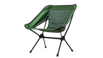 a foldable camping chair, lightweight outdoor gear, durable nylon, forest green, isolated on white background